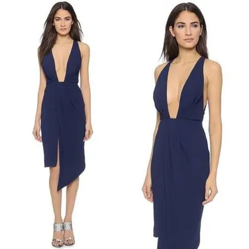 NICHOLAS Navy Crepe Deep V Gathered Sleeveless Dress Size 8 Formal Cocktail Blue