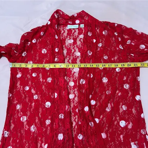 Susan Graver Red Lace White Polka Dot Scoop Neck Tank Sheer Open Cardigan Set
