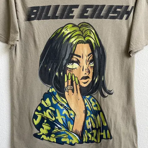 Billie Eilish Tan Green Anime Cartoon Portrait Graphic Short Sleeve Tee