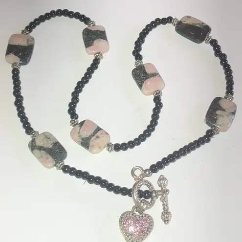 Black Beaded & Pink Agate Stone Boho Heart Toggle Closure Necklace