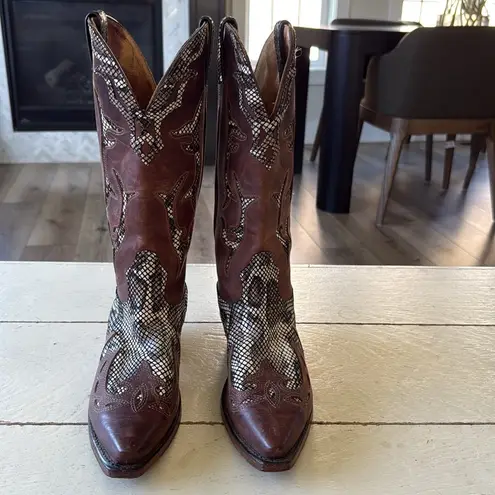 Boulet Women's Western Snakeskin & Leather Cowboy Boots, 8 Brown