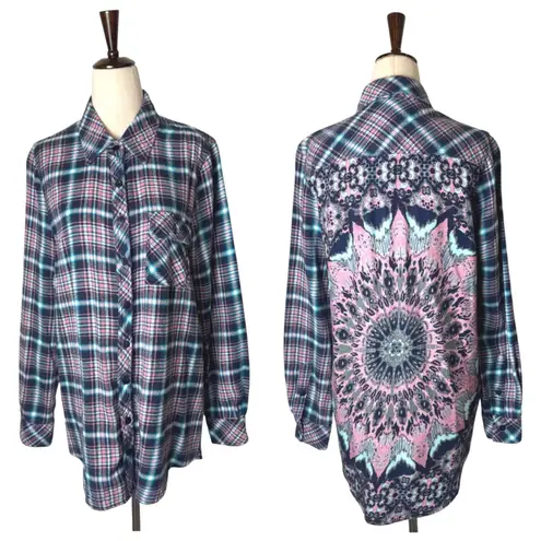Tolani Shirt Women Medium Blue Pink Plaid Flannel Button Down Mandala Back Boho