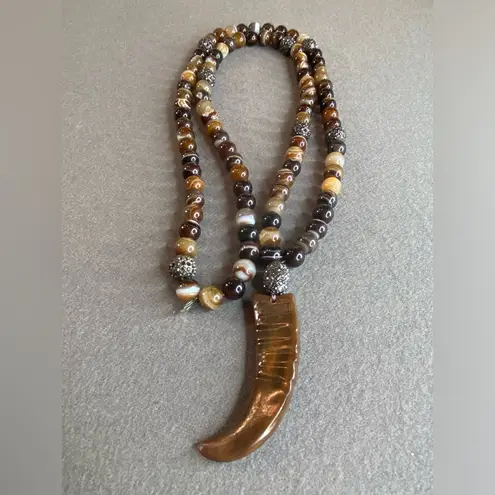 HipChik Couture Long Necklace with Tibetan Horn rhinestone beads Brown