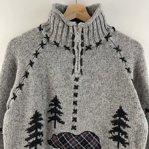 Coldwater Creek Vintage Light Grey Knit Bear Cozy Cabin Stitch Mock Neck Sweater