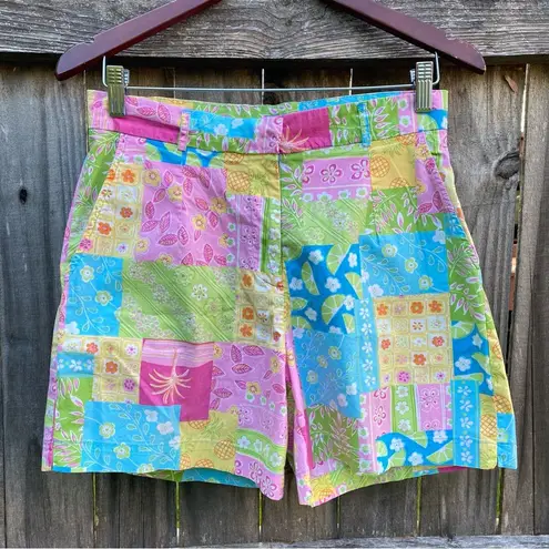 Vintage 90’s Cotton Connection High Waisted Tropical Summer Patchwork Shorts Pink Size 10