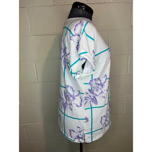 tshirt floral plaid white purple teal roller sleeve 1980s Size XL