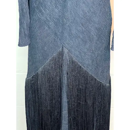 dress V neck long sleeve fringe black 1990s shoulder pads