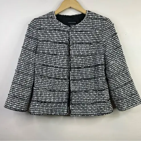 Doncaster Classic Preppy Short Black White Fringe Boucle Tweed Blazer Jacket 8