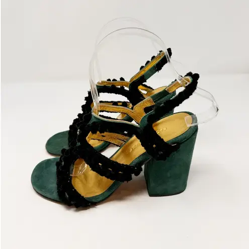 Rachel Comey Chenille Suede Green Black Pom Pom Block Heeled Cage Sandals US 6