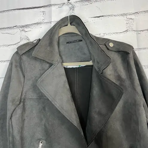 T Tahari Tahari Faux Leather Biker Moto Jacket Charcoal Grey Relaxed Zip Pockets M Lined