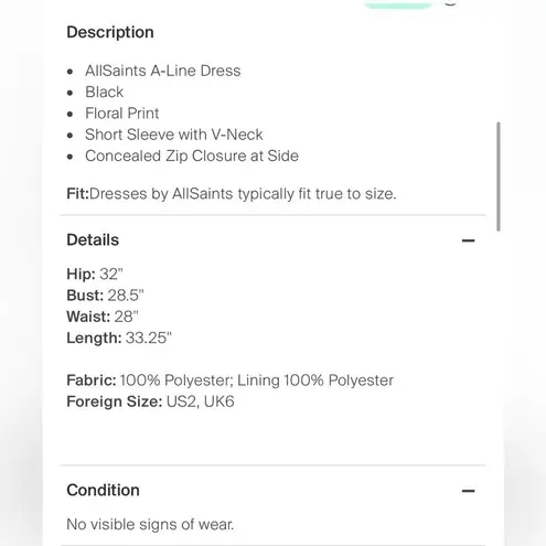 ALLSAINTS Ivey Scatter Dress Black and White Floral Size 6