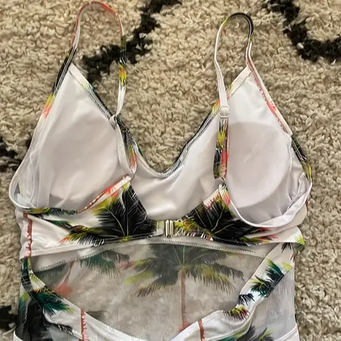 Womens Sexy V Neck Backless One Piece Coconut Palm Tree Print Swimsuit White Size XL