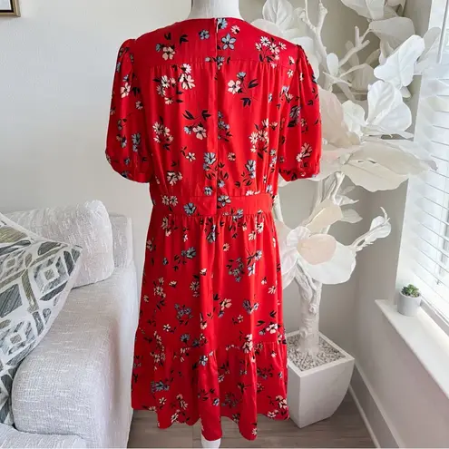 Jill Stuart Red Floral Ruffle Short Sleeve Shift Dress
