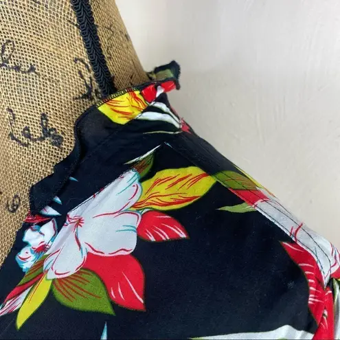 Life Style Tropical Floral Palm Print Ruffle Collar Button Down Shirt Black L Black Size L