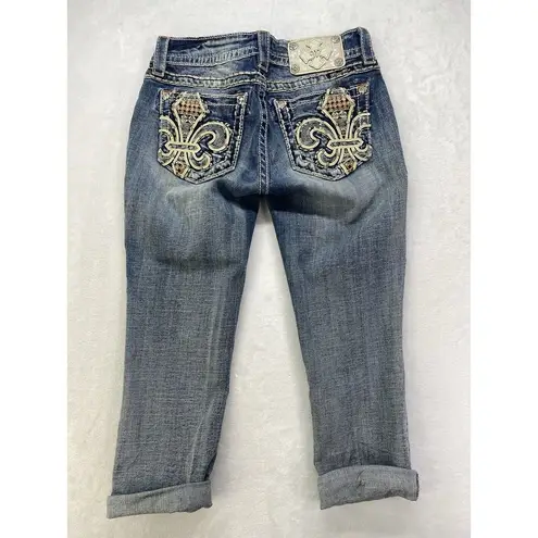 Miss Me  Jeans Womens Sz 25 cuffed capri Denim Embellished Fleur de lis Pockets