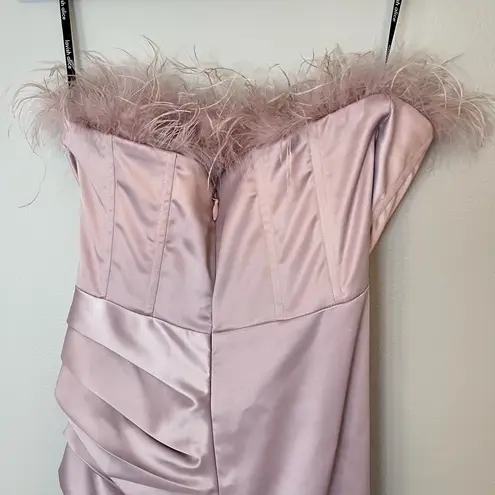 Lavish Alice Feather Trim Satin Asymmetric Ruched Strapless Bandeau Dress Rose Pink Size 6