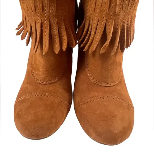 BCBGirls Inkie’s Brown Suede Fringe Roper Style Ankle Boots Side Zip Round Toe