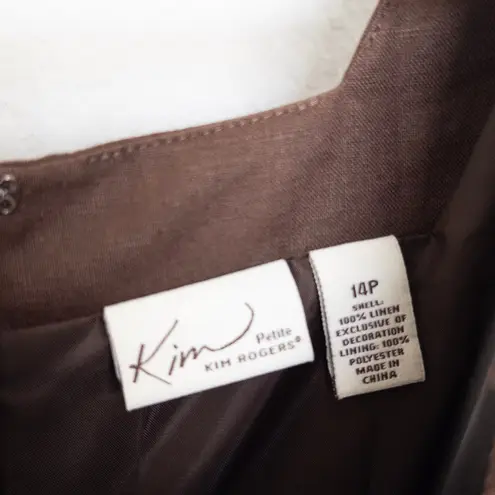 kim rogers Womens Linen Dress Size 14P Brown Sleeveless Summer Career Classic