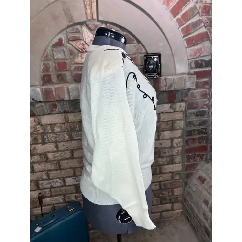 Sweater 1980s dolman sleeve white black swirls pearl sparkle Size L