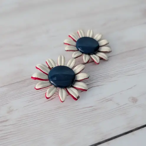 Vintage Clip On Earrings Off White, Red, Blue Flower Large
