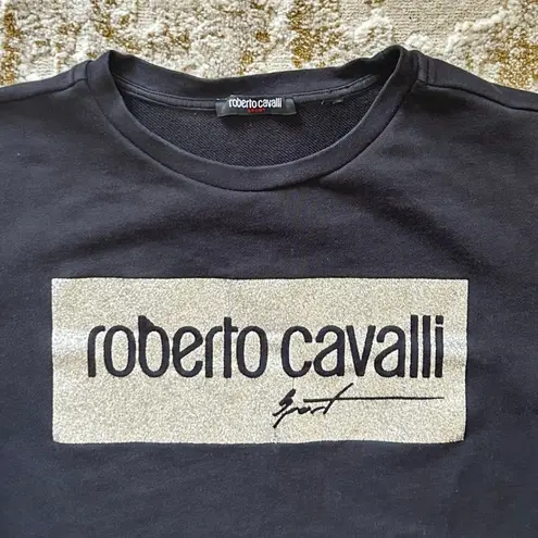 Roberto Cavalli Roberto Cavalli Sport Metallic Logo Pullover Crew Neck Black Sweatshirt- XS