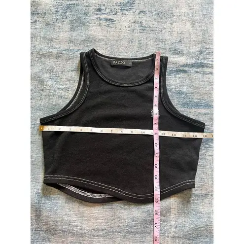 Pazzo Black Asymmetrical Waffle Knit Crop Top with Contrast Stitching Medium Black