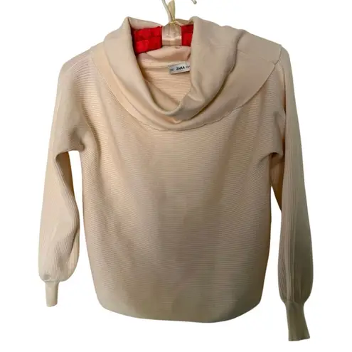 ZARA  Knit Women’s Cowl Neck Sweater Beige Small Lightweight Long Sleeve Cozy