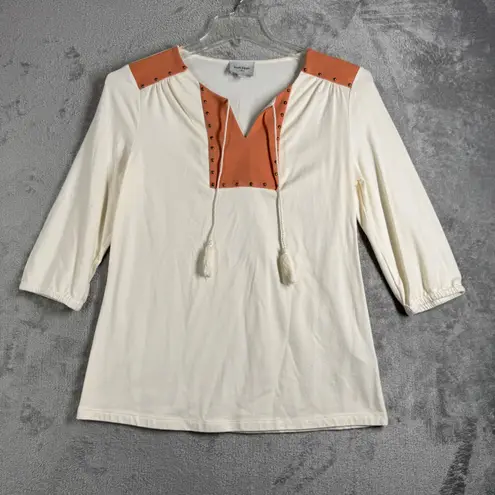 Haute Hippie Tunic Top Studded Trim 3/4 Sleeve Boho Chic Blouse Neutral Women XS