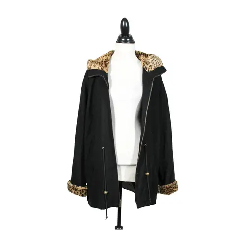 Vintage 1990s Herman Kay Black Wool Coat Leopard Faux Fur Trim Hood Grunge 90s Size 14