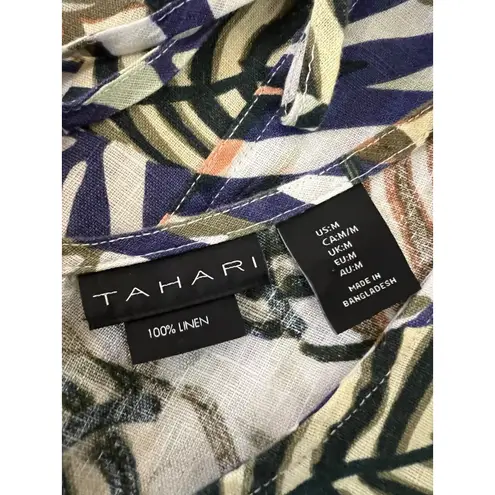 Tahari Shift Dress Size Medium Leaf Print Multicolor V Neck Tie Back Pockets