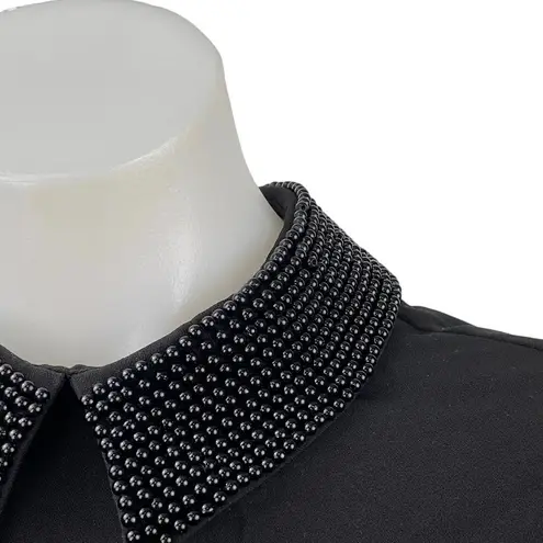 Catherine Malandrino Women's Black Beaded Collar Short Cap Sleeve Blosue Top XS