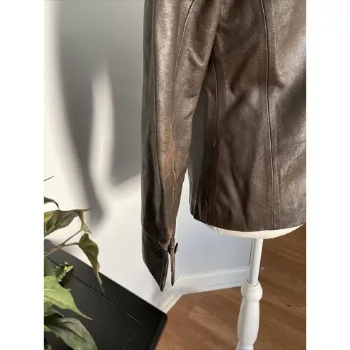 BCBGMAXAZRIA BCBG MAX AZARIA Leather Jacket Womens Size 8 Brown Long Sleeve Buttons Front