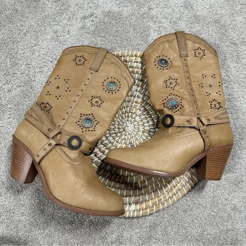 Dingo Addie Women’s Harness Boots Mid-Calf Rhinestone Western Rodeo Cowgirl Tan