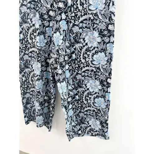 Tahari Linen Wide Leg Pants Large Blue Black Paisley Print Pull On Ankle Crop