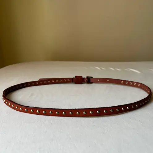 Y2K Brown Leather Studded Skinny Belt Brass Rivet Detailing Size Medium
