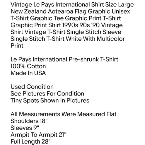 Le Pays International Vintage Shirt Size Large New Zealand Aotearoa Flag Graphic Unisex T-Shirt