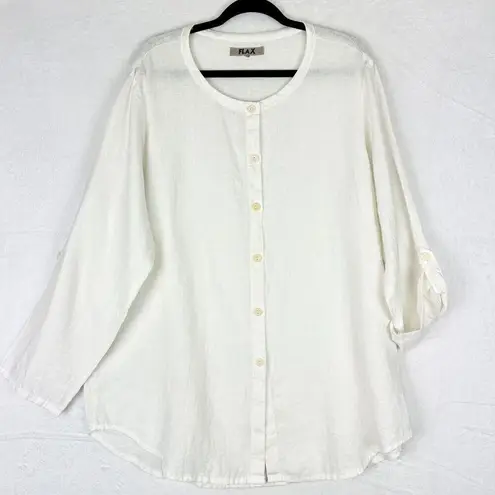 Flax Linen Button Front Long Sleeve Tunic Size Large White Lagenlook Roll Tab