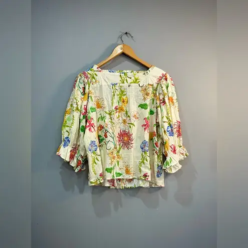 Laura Ashley Floral Linen Blend Button Up Blouse Size M EUC