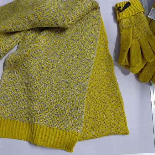 Womens Yellow Metallic Knit Winter Hat Scarf Glove Set Cozy Sparkly Holiday Gift