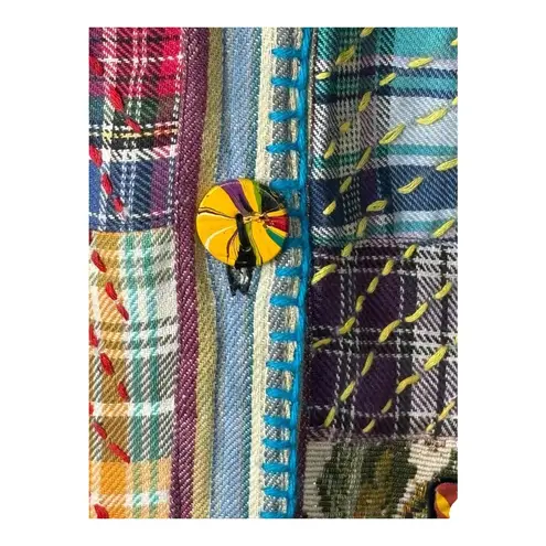 Vintage JouJou Patchwork Plaid Floral Embroidered Jacket Artsy Boho Size Small