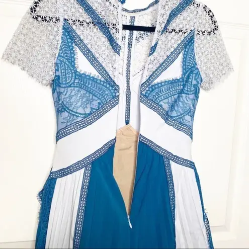 Self Portrait Self-Portrait Lace Panel Pleated Blue Mini Dress