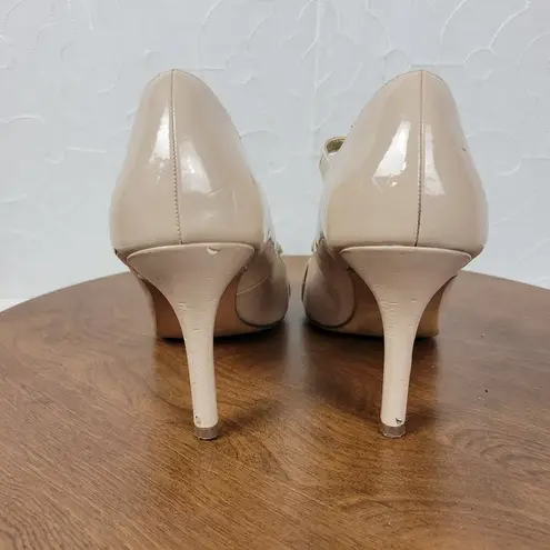 Kelly & Katie Womens Shoes 8.5 Cream Patent Leather Bow Open Toe Pump Heels