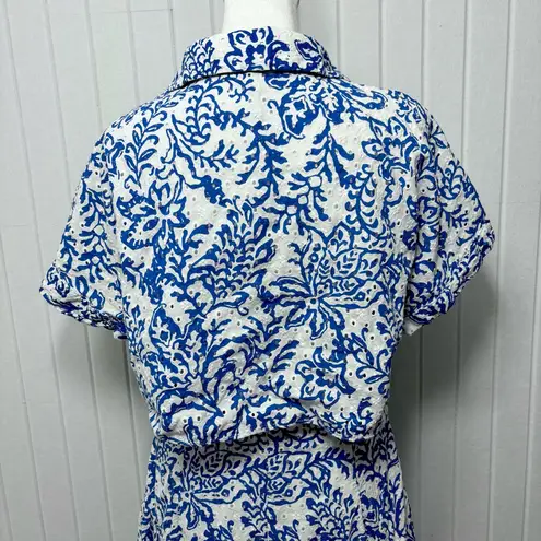 ZARA  OPENWORK EMBROIDERY MIDI White and Blue‎ DRESS Size L