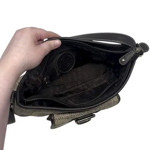 Etienne Aigner All Over Logo Print Shoulder Bag Purse Tan, Brown & Gold Hardware