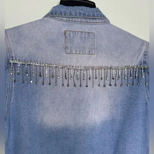 The Style Between Us Denim Fringe Rhinestone Fringe Jean Jacket Size Medium