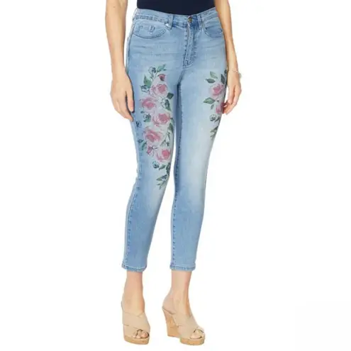 DG2 Diane Gilman Painted Floral Rose Ankle Skinny Jeans Light Wash Womens 4 P Blue Size 4P