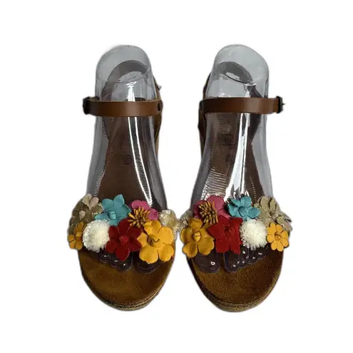 BioStep Floral Embellished detail cork Wedge heels leather size 8 boho chic girl