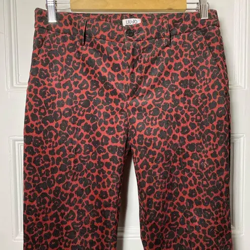 LIU JO Leopard Print Velvet Corduroy Tapered Chinos Burgundy Red/Black Sz 29 Red