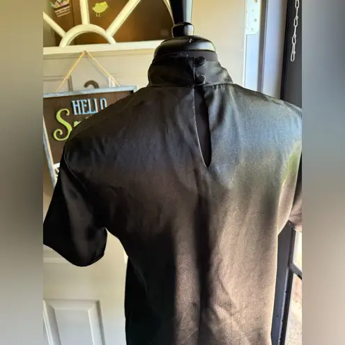 Vintage Notations black silky mock neck short sleeve plaid button blouse, size 8