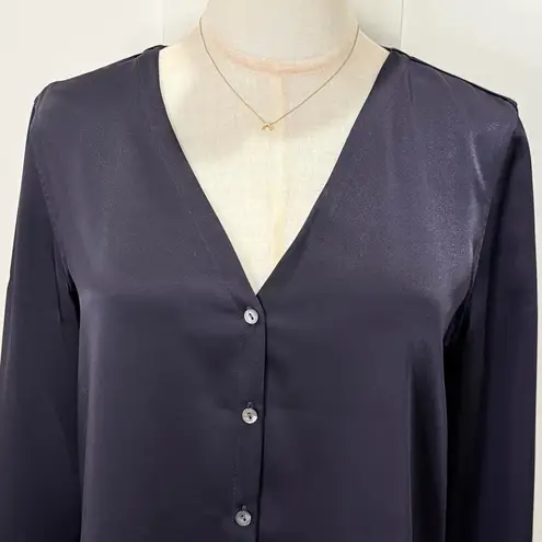 Theory  Modern PJ Top Blouse Small Navy Blue Satin Button Down Classic Workwear - Image 5